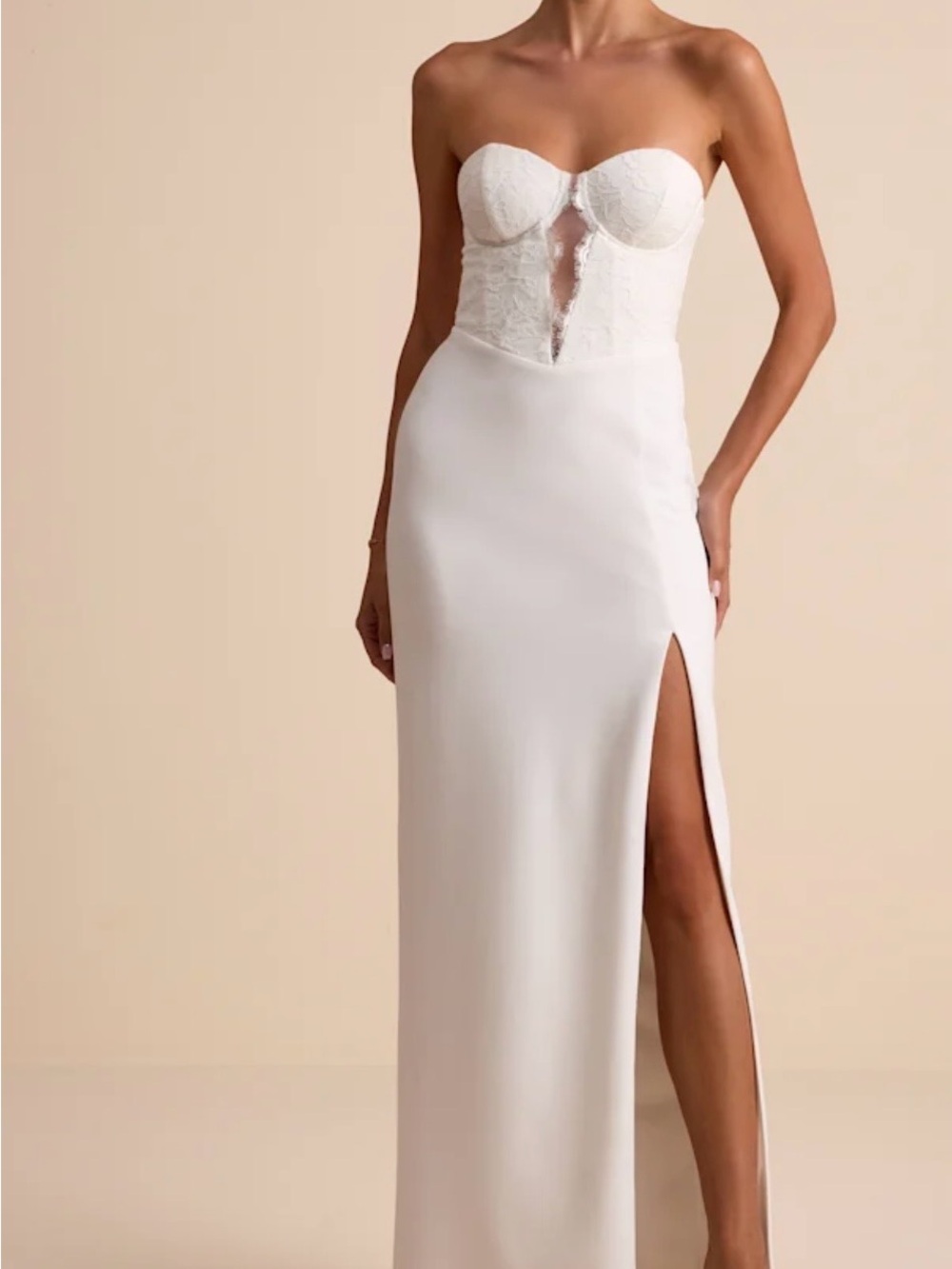 Lulu's Strapless White Lace Bustier Gown with Thigh Slit